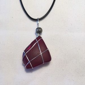 HAND CRAFTED Genuine Sea Glass Wire Wrapped Red Pendant Necklace